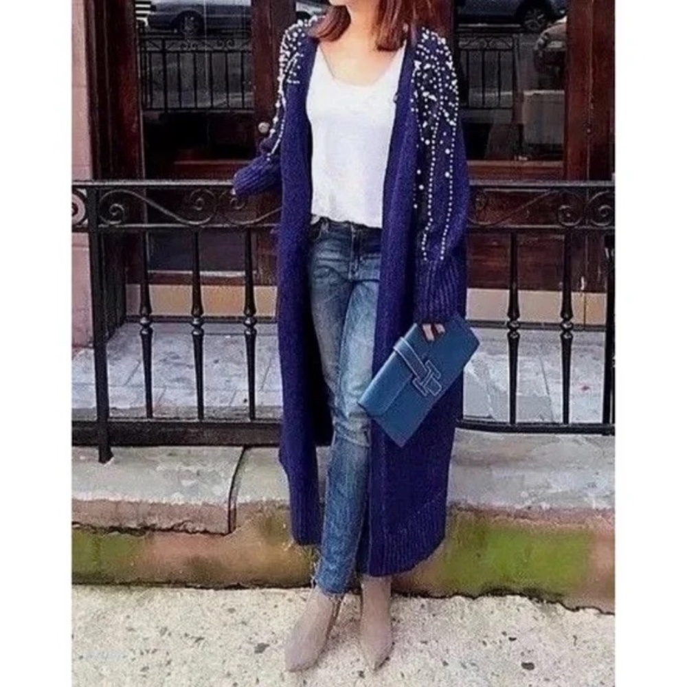 Zara Navy Blue Pearl Long Cardigan Size Small